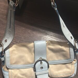 Coach Cream and Light Blue Shoulder Bag